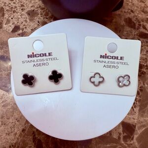 (1 Left - Black) Nicole Stainless Steel Clover Stud Earrings - Black & Silver